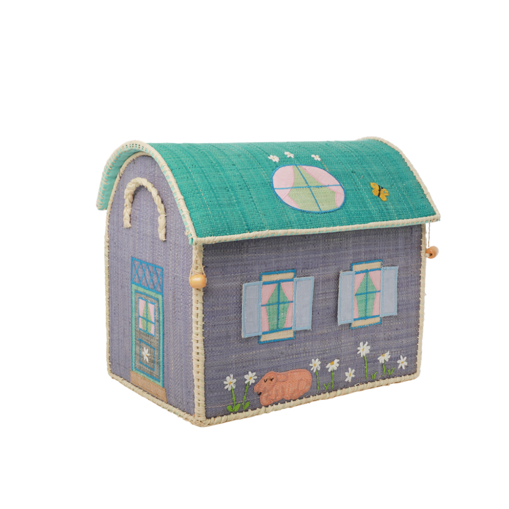 Small Colourful House Raffia Toy Storage Basket Rice DK